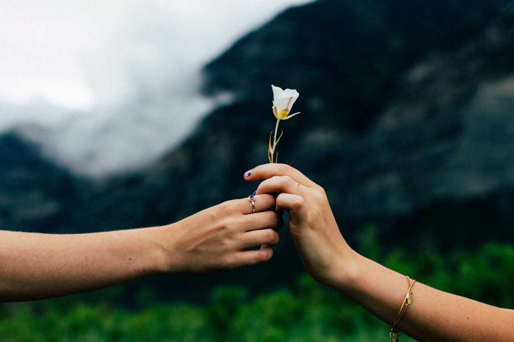 image of one person handing a flower to another person