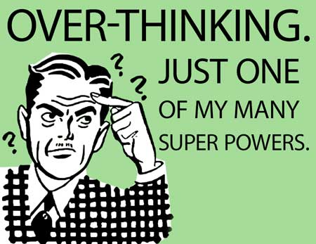 illustration of a man with question marks around his head in a classic 50's advertising style for a blog article for Gulf Breeze Recovery's non 12 step holistic drug treatment program called THRIVE® Total Health Recovery entitled "Why Overthinking Things Is Wasting Your Time and 5 Ways to Stop."