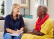 Two people talking about senior citizens and addiction