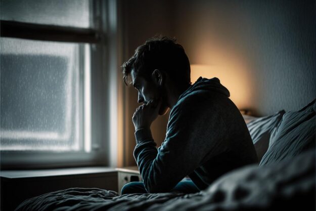 Person sitting on edge of bed in dark room at night struggling with cocaine addiction symptoms