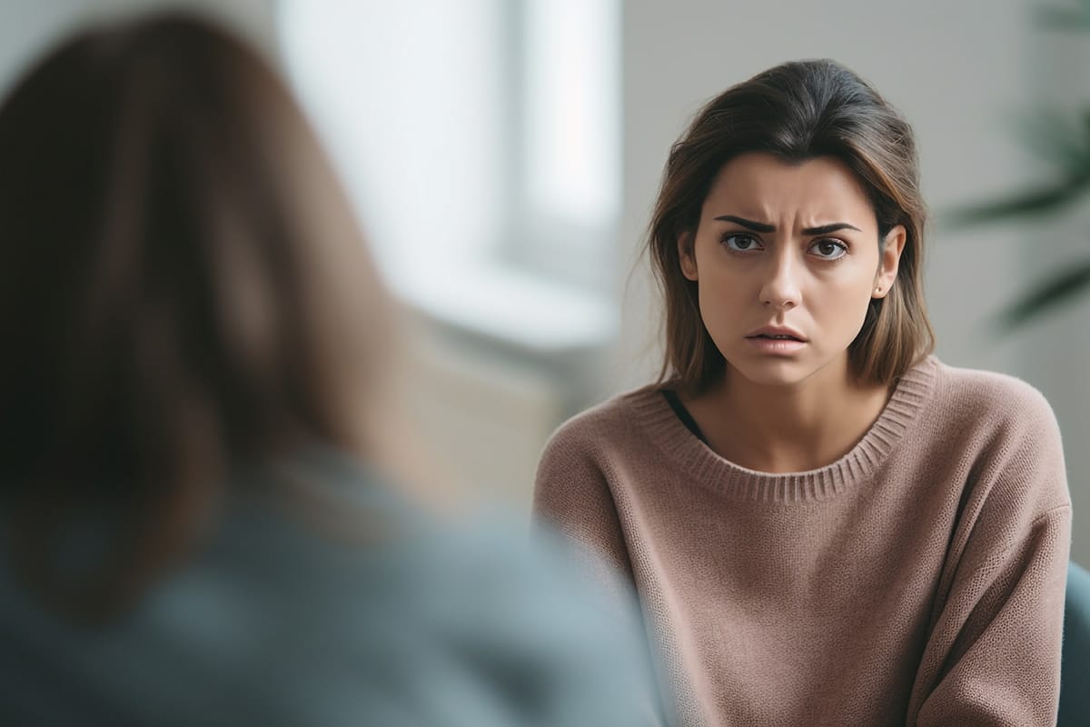 concerned woman asking therapist is drug detox safe