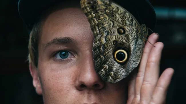 Image of man holding butterfly covering one eye with it's wing for blog article entitled "Are You Ready for Lasting Change?" for Gulf Breeze Recovery non-12 step holistic drug and alcohol rehab