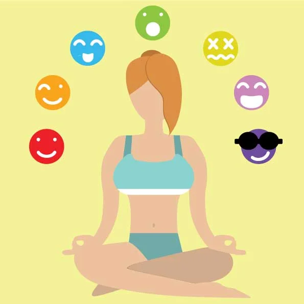 woman meditating surrounded by different expressions