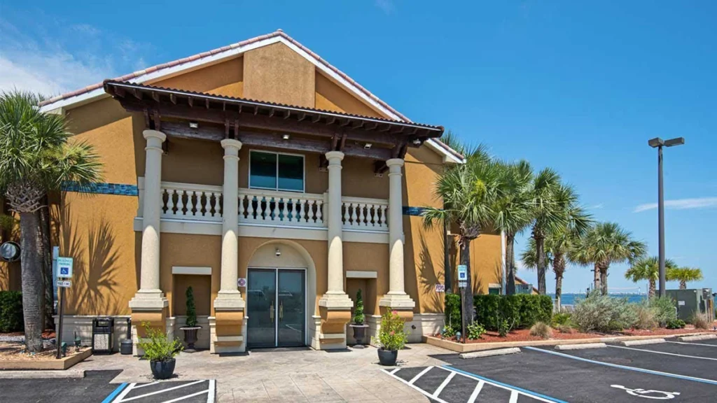 Front of building on sunny day