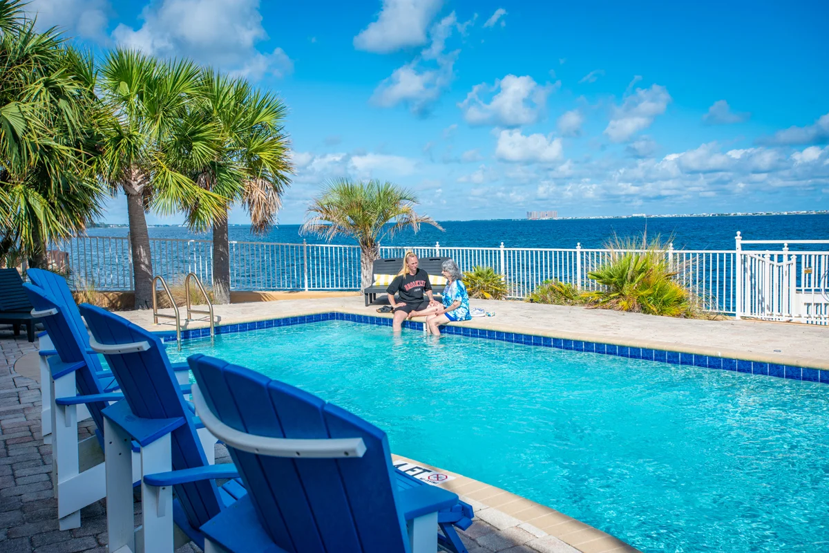 Two women sitting at pool